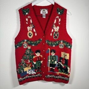 Vintage TIARA International Christmas Knit Sweater Vest Large Nutcracker Tree